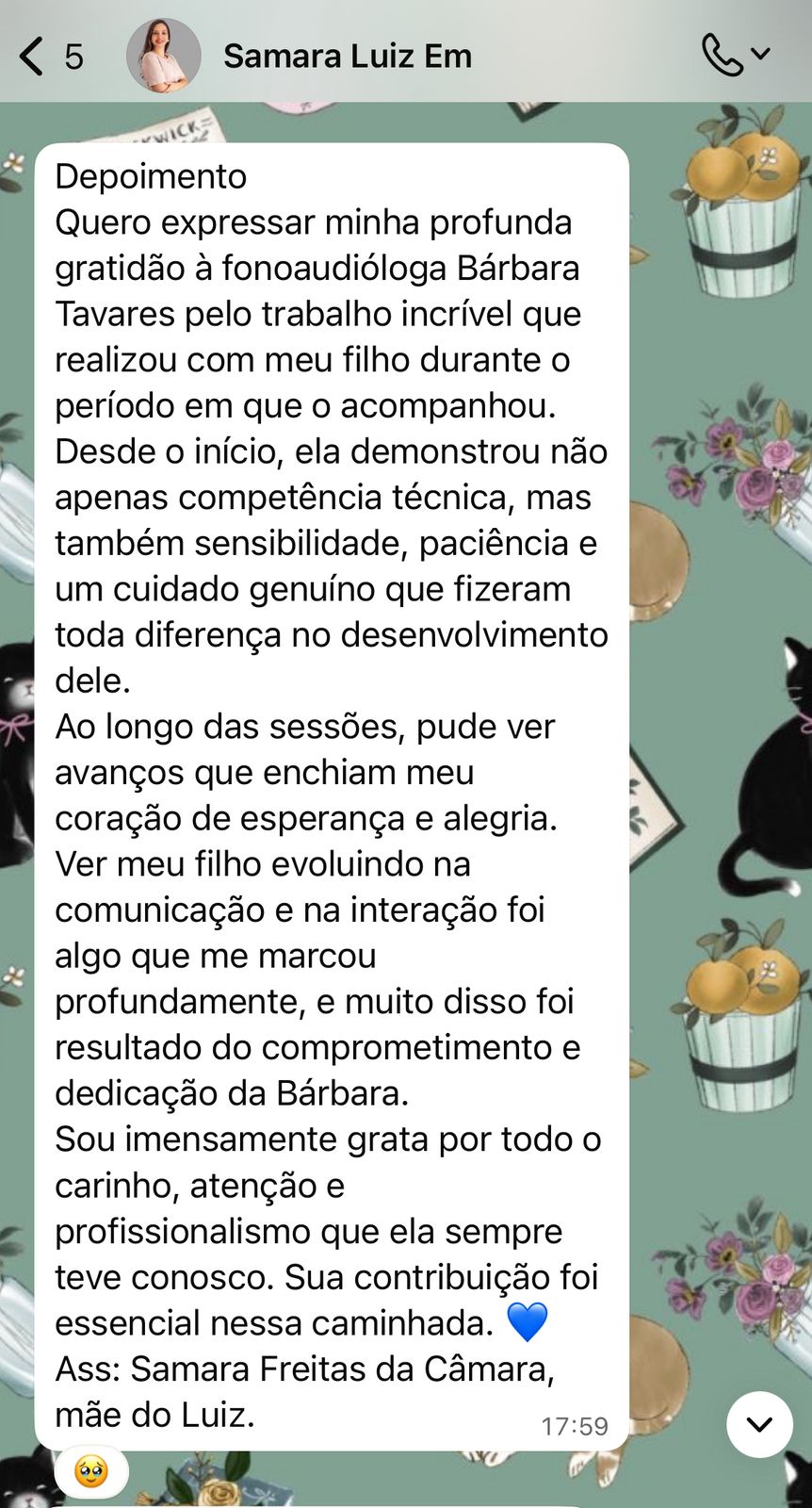Depoimento de Samara Freitas recomendando a fonoaudióloga Bárbara Tavares - Gratidão pelo trabalho com seu filho Luiz